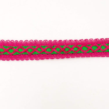Green Cotton Fabric Lace Trim with Pink Thread Embroidery, Trim By 3 Yards, Craft Decorative Ribbon